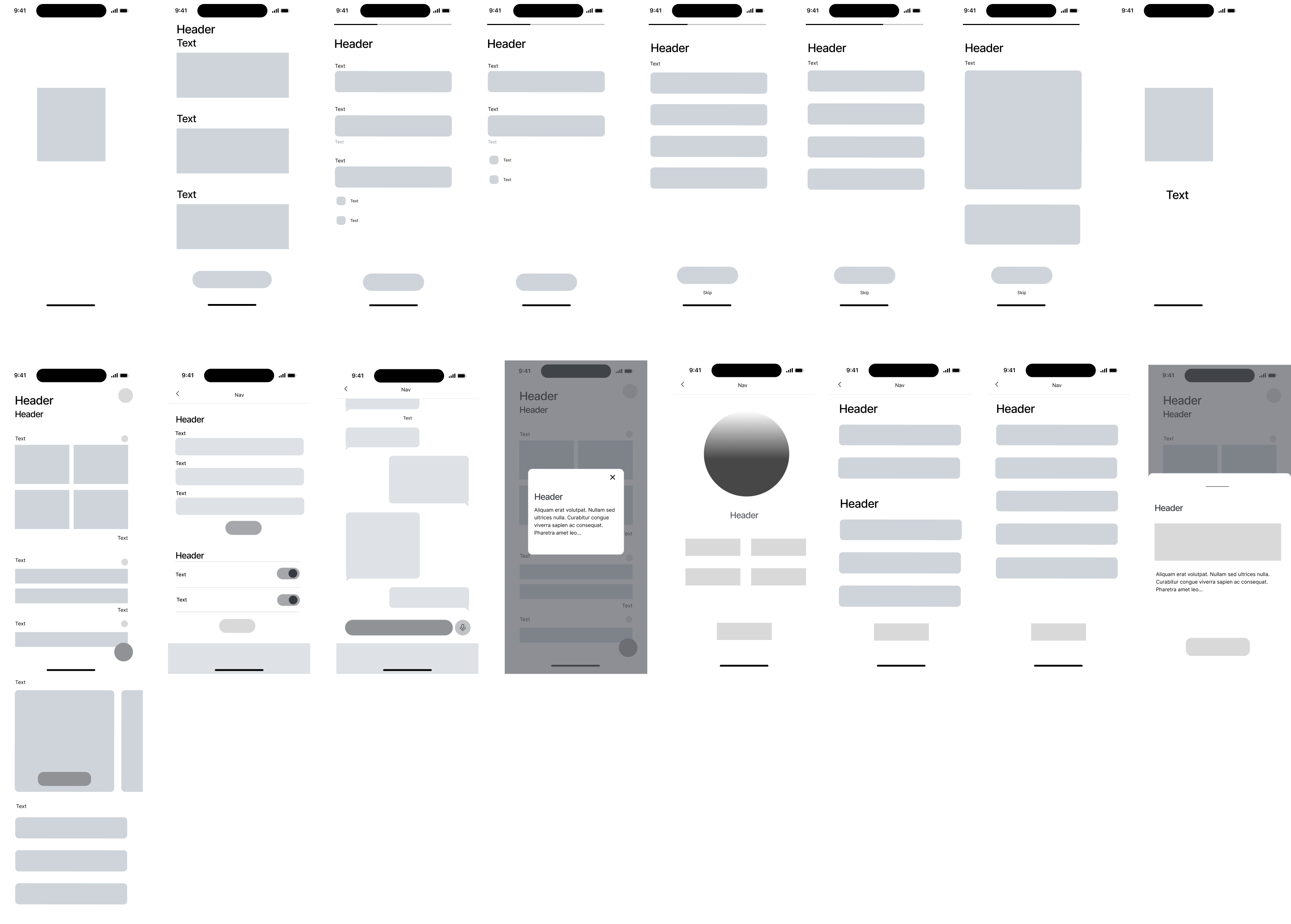 Lo-fi wireframes af Whirl-appen